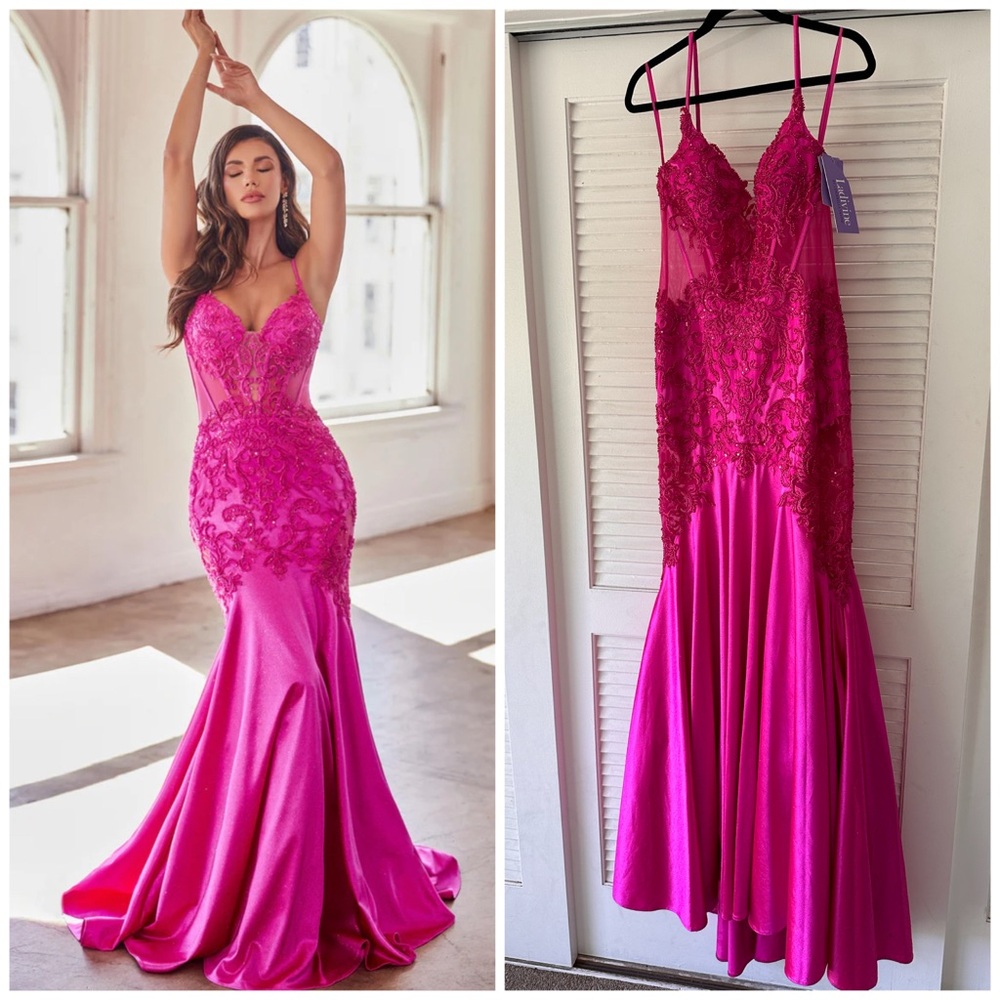 Johnathan Kayne Fuchsia Lace Appliqué Satin Mermaid Maxi Dress